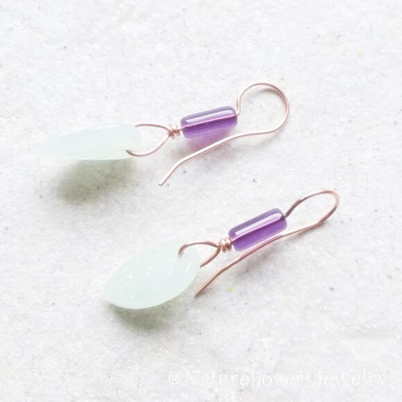Purple + Mint Green Summer Leaf Earrings! Handmade Copper Earwires - Lightweight - Picture 1 of 7